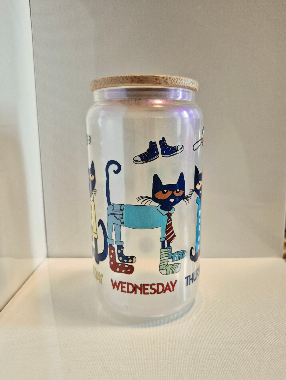 Iridescent Pete The Cat Week 16oz Glass Tumbler Bamboo Lid Straw Made-to-order